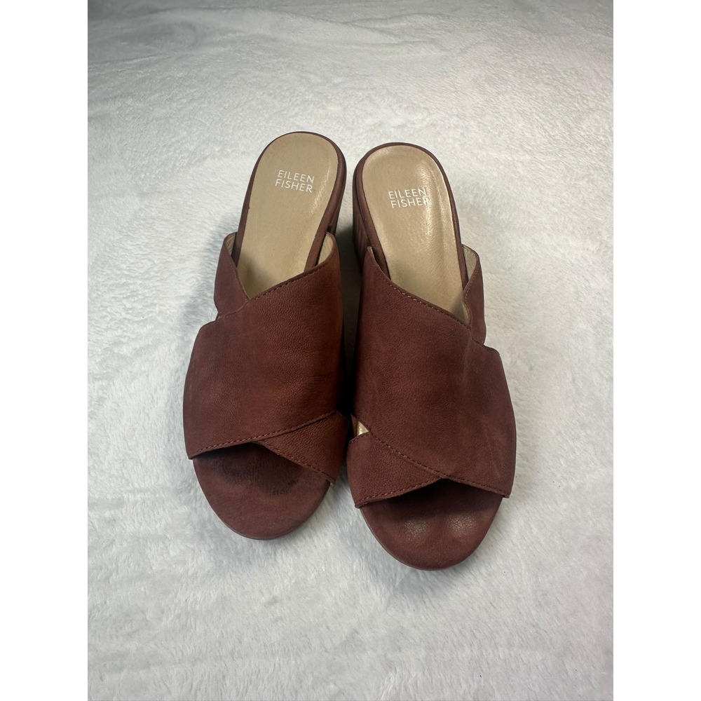 Eileen Fisher Mules Women 7.5 Mahogany Brown Good Leather Crossover Block Heel